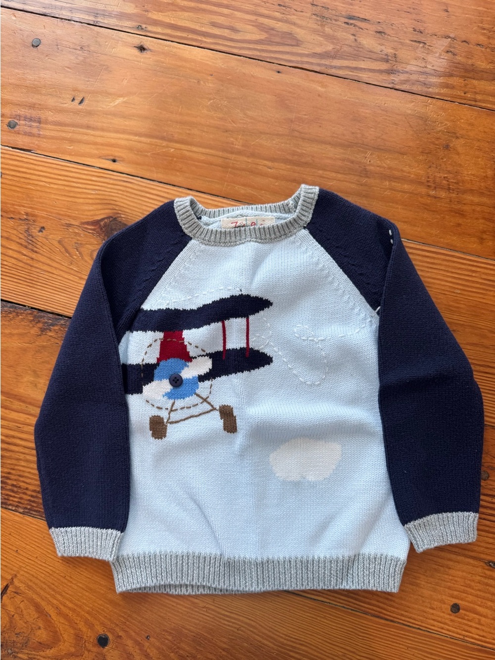 Children's Airplane Knit Sweater - Light Blue & Navy